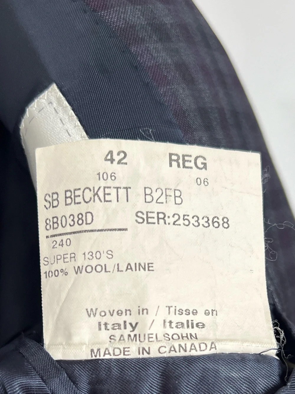 Samuelsohn Beckett Super 130’s Wool Purple Plaid Blazer 42R